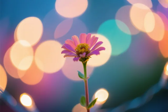 Een roze bloem met een geel hart staat scherp voor wazige ronde lichtjes in een nachtelijk beeld met blauw, roze en warm geel.
