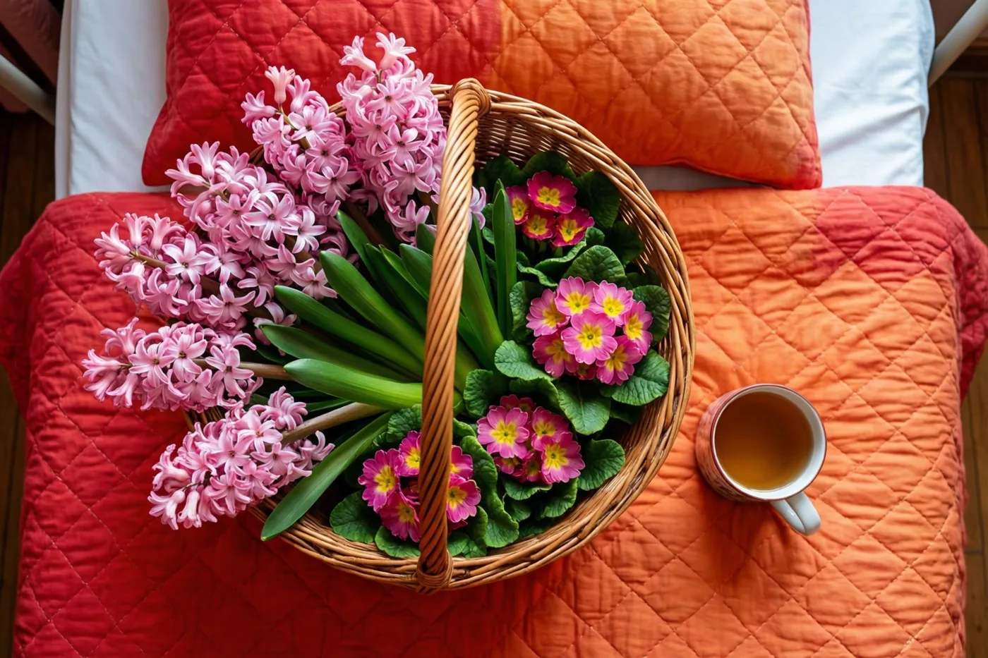 Een rieten mand met roze hyacinten en primula’s staat naast een mok thee op een doorgestikte bedsprei tussen rode en oranje kussens en beddengoed.