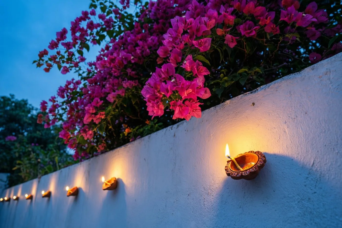Een rij brandende olielampjes is bevestigd aan een witgekalkte muur waar felroze bougainvillea overheen hangt, onder een blauwe schemerhemel.