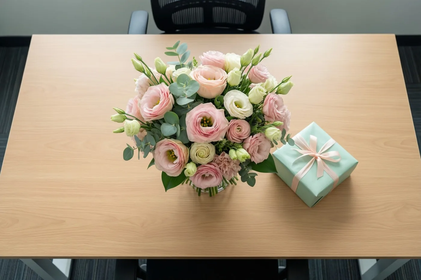 Een boeket roze en witte bloemen staat naast een lichtgroene geschenkdoos met een roze lint op een licht houten bureau, met een zwarte bureaustoel op de achtergrond.