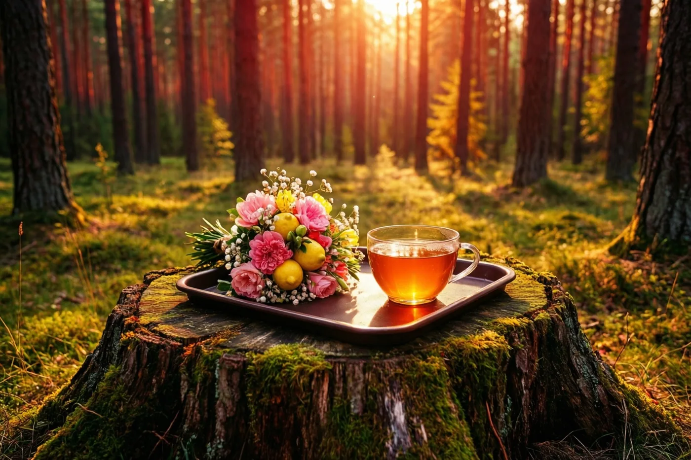 Een dienblad met een glas honing-citroenthee en een klein boeket met roze bloemen en citroenen staat op een bemoste boomstronk in goudkleurig zonlicht tussen hoge dennen.
