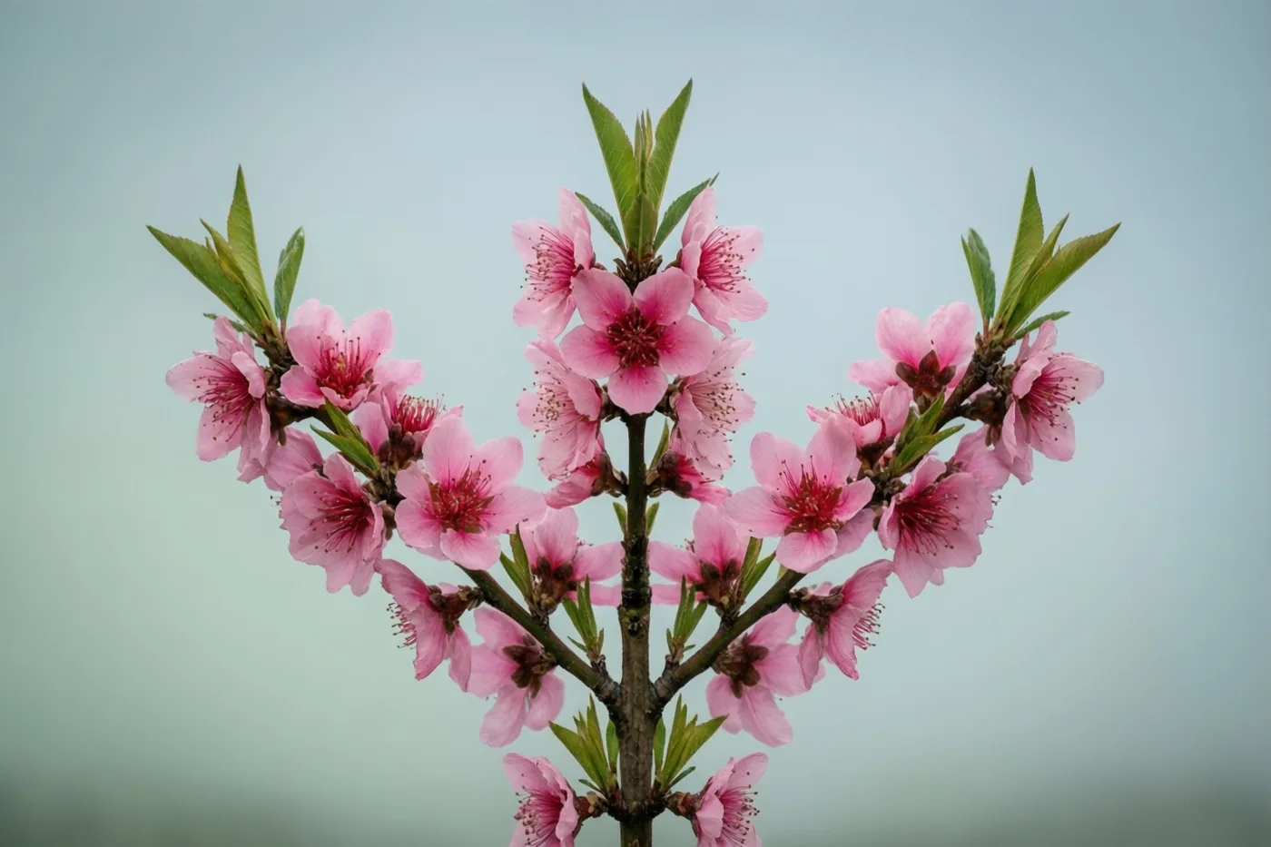 Een tak met roze perzikbloesems en groene bladeren staat tegen een bleke lichtblauwe hemel.