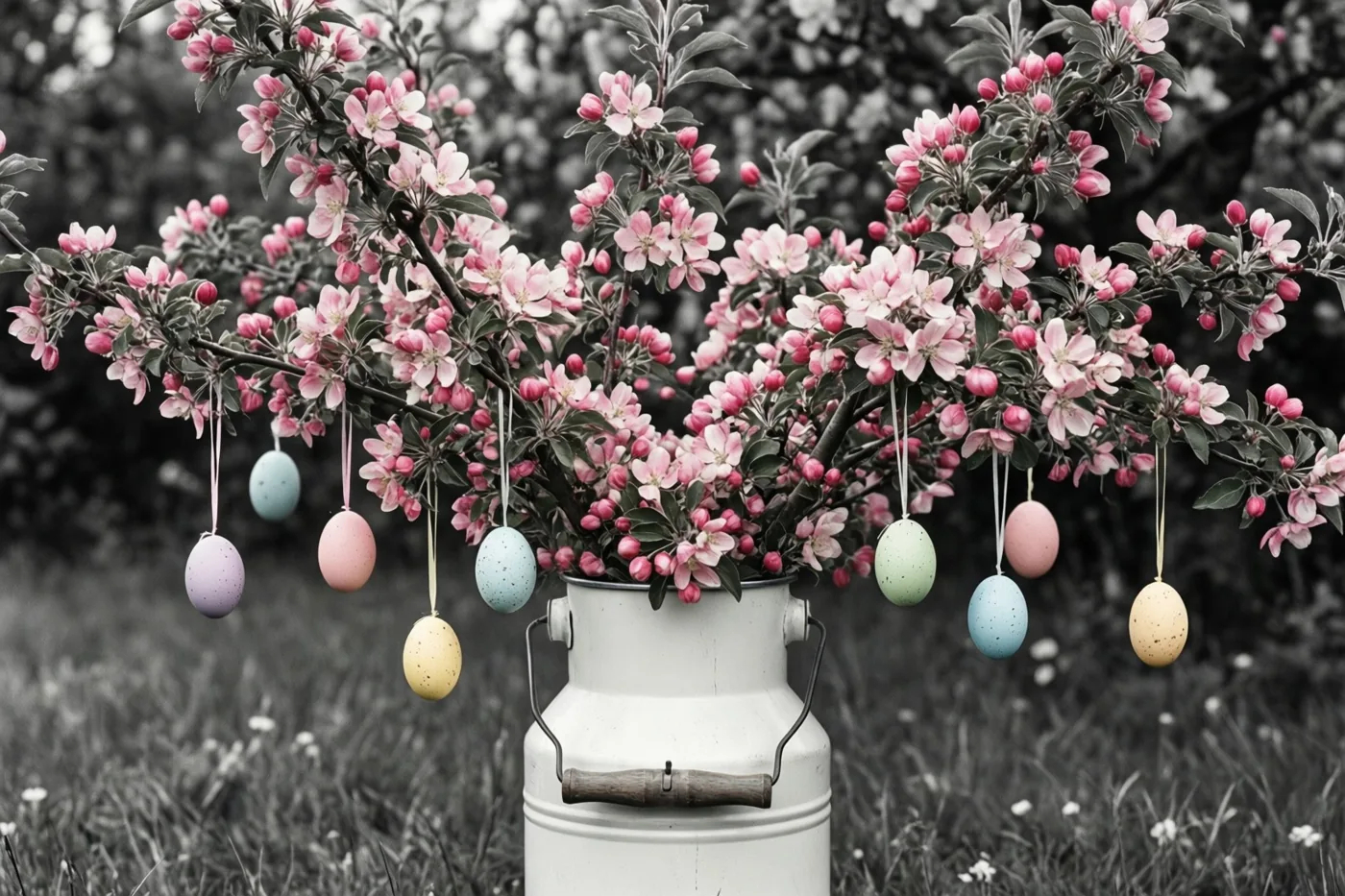 Een witte melkbus met roze appelbloesemtakken en hangende paaseieren in pastelkleuren staat buiten in het gras tegen een zwart-witte achtergrond.