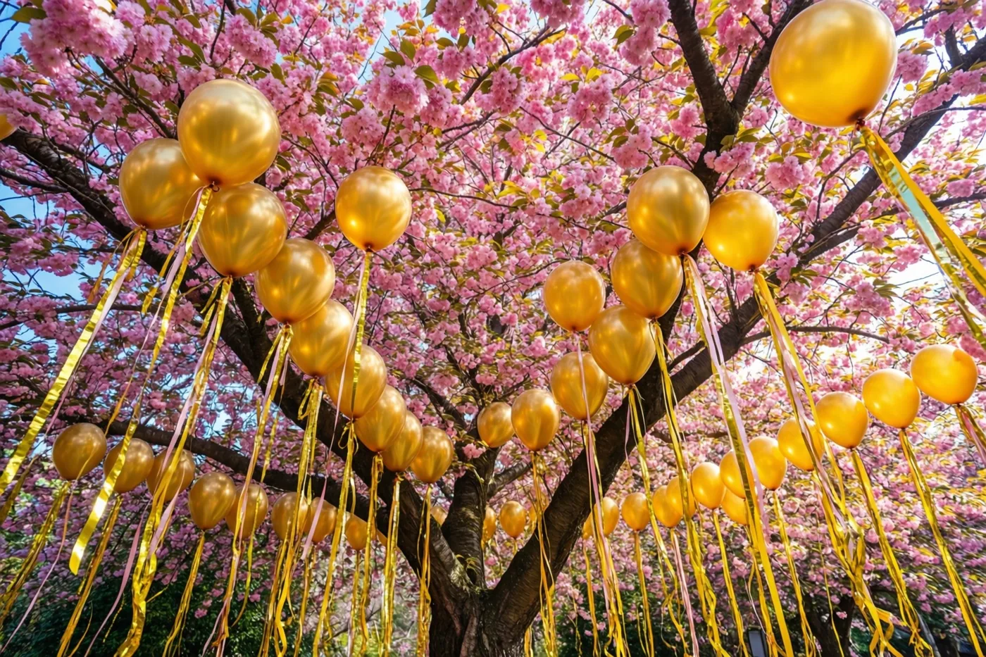 Een kersenboom met roze bloesems en groene bladeren is versierd met talrijke gouden ballonnen en gele slingers.