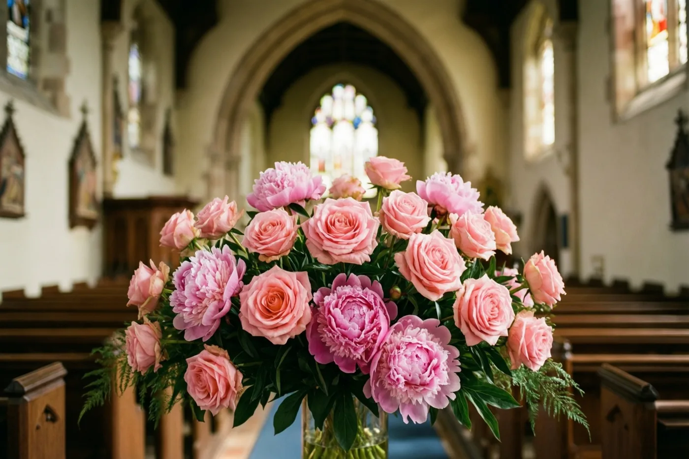 Een vaas met roze rozen en pioenen staat in een kerkgang tussen houten banken en bogen, in zacht warm licht.