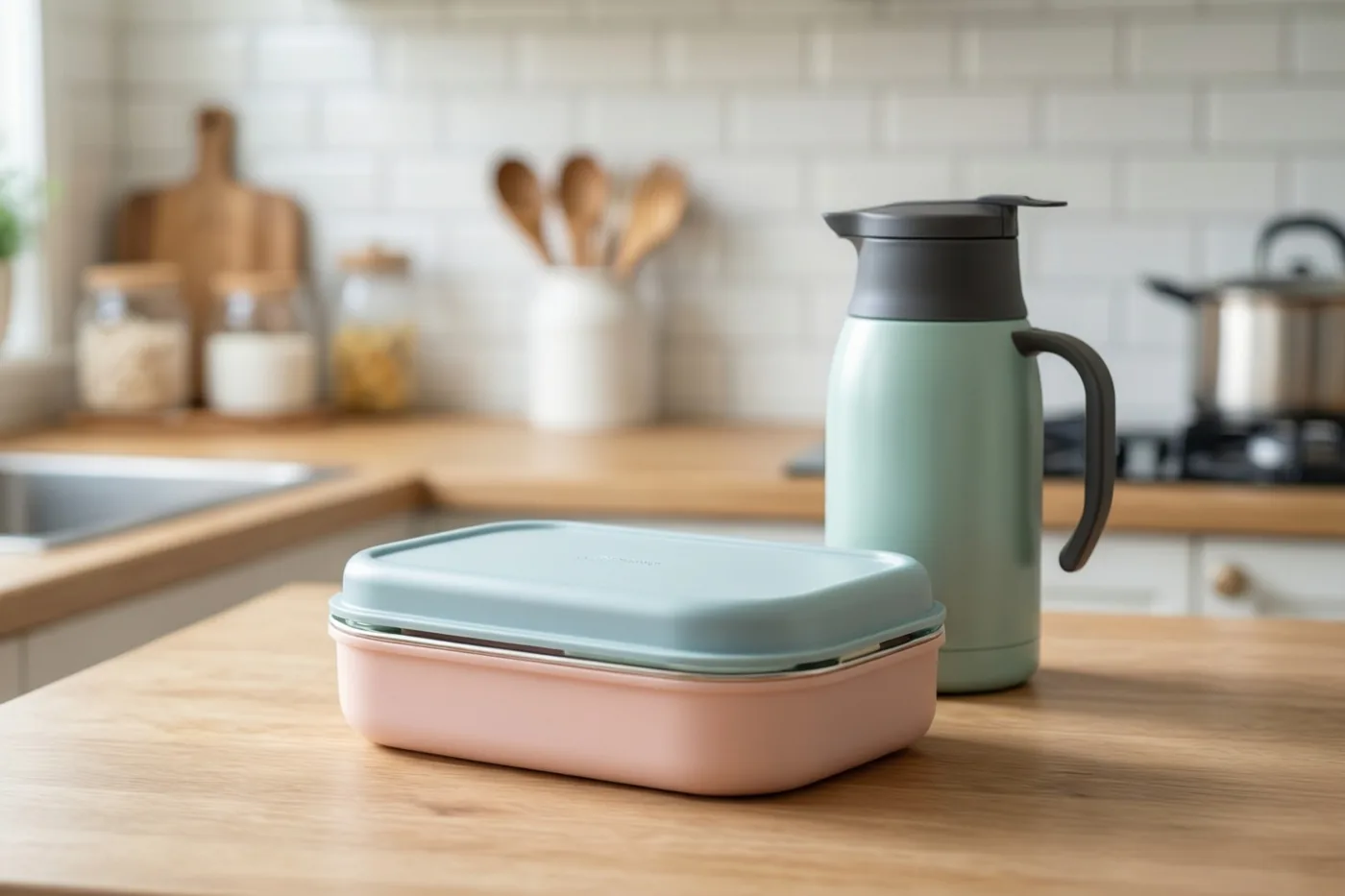 Een roze brooddoos met een lichtblauw deksel en een mintgroene thermos staan op een houten aanrecht in een lichte keuken met witte wandtegels.