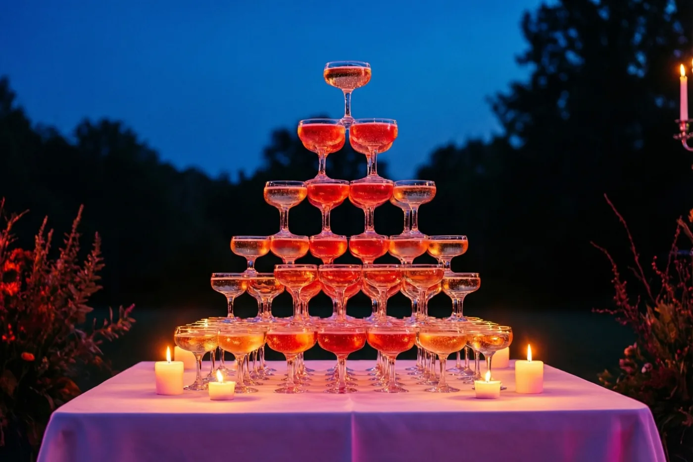 Een piramide van champagneglazen met een roze bruisende drank staat tussen kaarsen op een wit tafellaken, buiten onder een donkerblauwe schemerlucht met silhouetten van bomen.