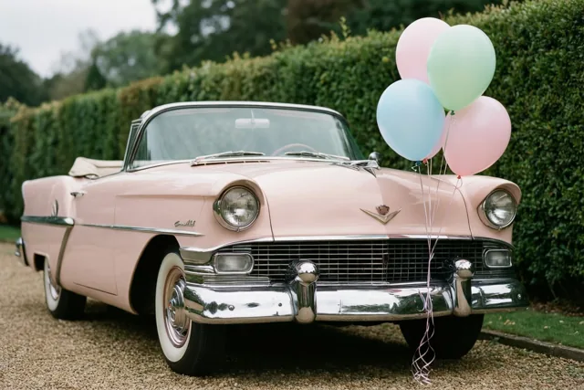 Jarig in een roze oldtimer