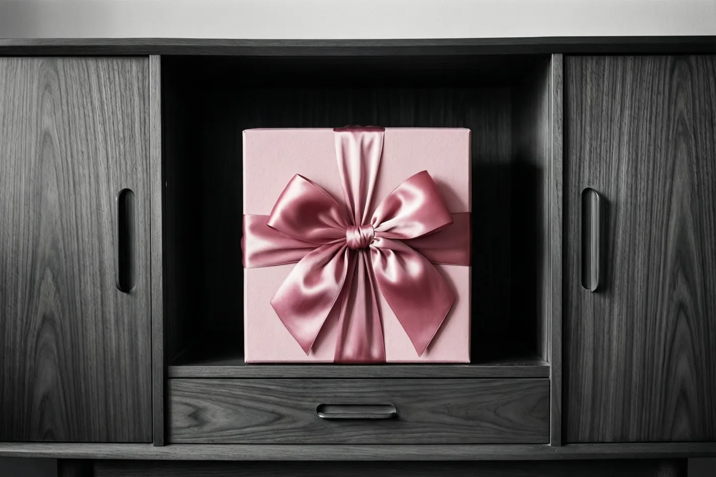 Een roze geschenkdoos met een grote strik staat midden in een donkere houten kast, in een sober beeld met zwart, grijs en roze.
