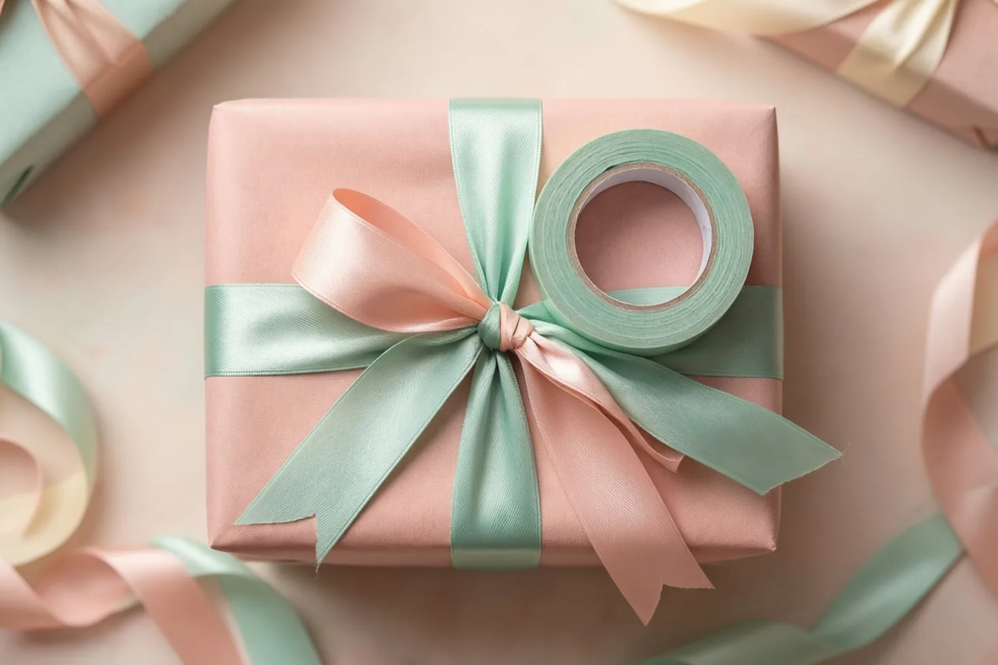 Een roze ingepakte cadeaudoos met een grote strik van mintgroene en perzikkleurige linten en een rol mintgroene plakband staat op een roze ondergrond met losse stukjes lint.