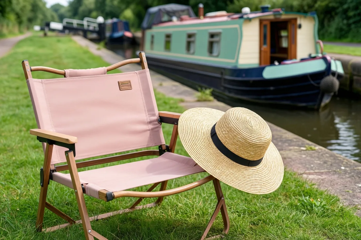 Een roze campingstoel met een strohoed staat op groen gras bij een kanaalsluis, met een groene en crèmekleurige woonboot in het kanaal onder een heldere zomerhemel.