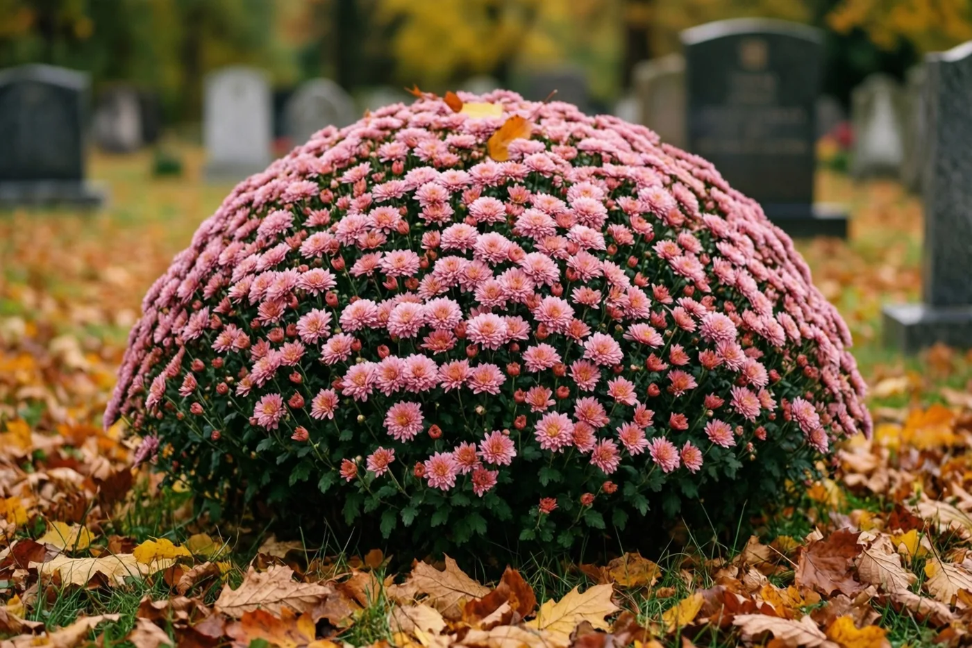 Een koepelvormig bloemstuk van kleine roze chrysanten bedekt een graf, omringd door gevallen gele en bruine bladeren in zacht daglicht.