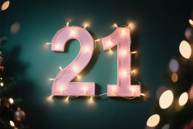 Roze uitgesneden cijfers vormen 21 op een donkerblauwgroene muur en zijn omwikkeld met lichtjes, met links een stukje kerstboom en onscherpe lichtjes eromheen.