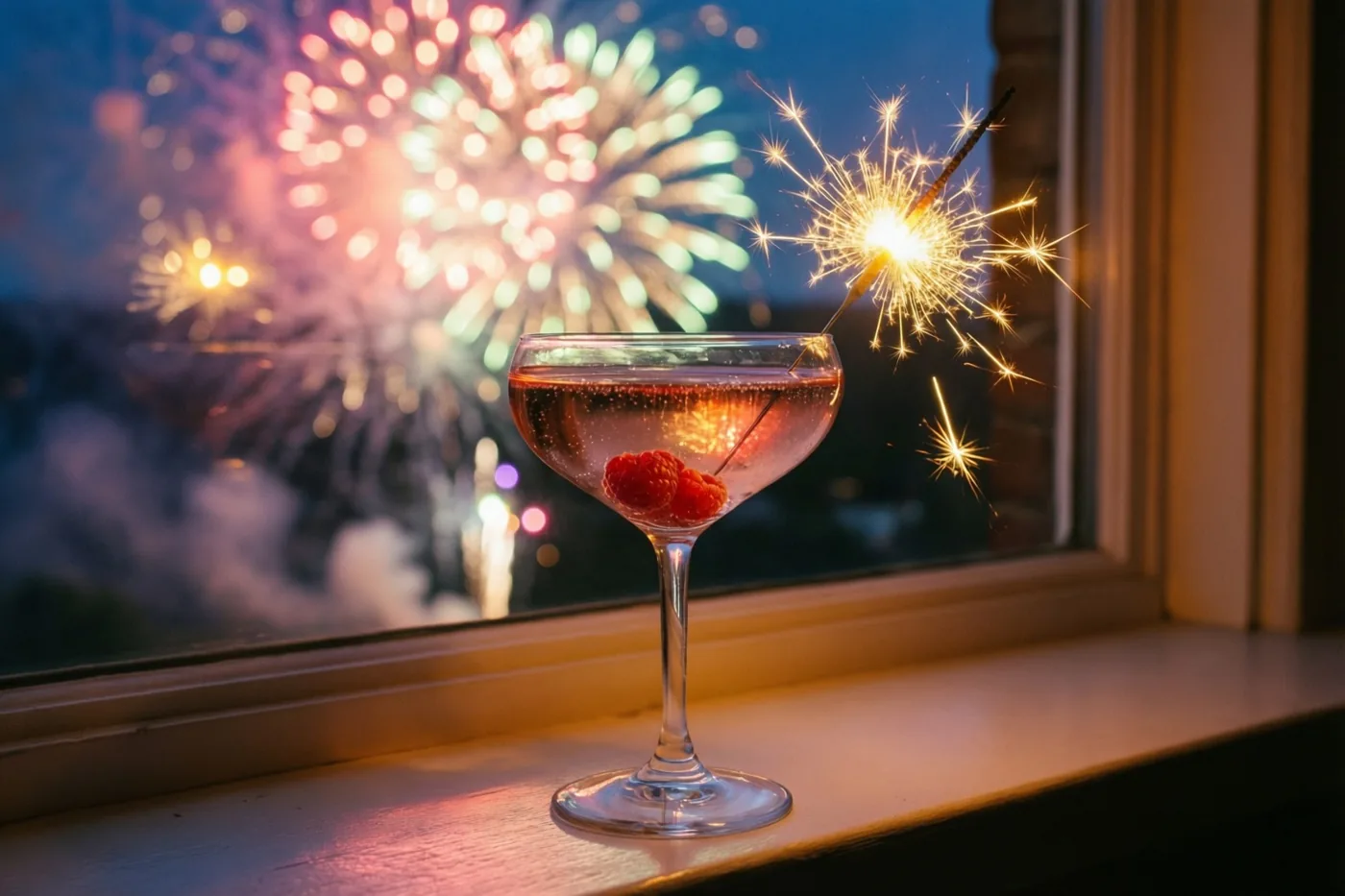 Een coupeglas met roze kir royale, een framboos en een brandend sterretje staat op een vensterbank, met wazig kleurrijk vuurwerk buiten.