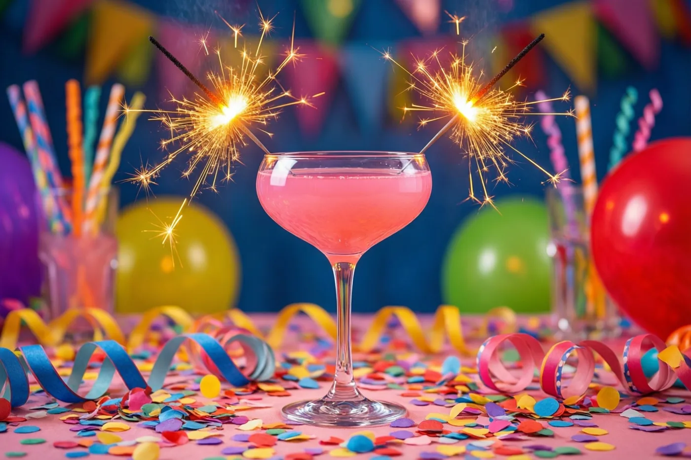 Een roze cocktail in een coupeglas met twee brandende sterretjes staat op een tafel met confetti en slingers, met onscherpe ballonnen en vlaggetjes tegen een donkerblauwe muur.