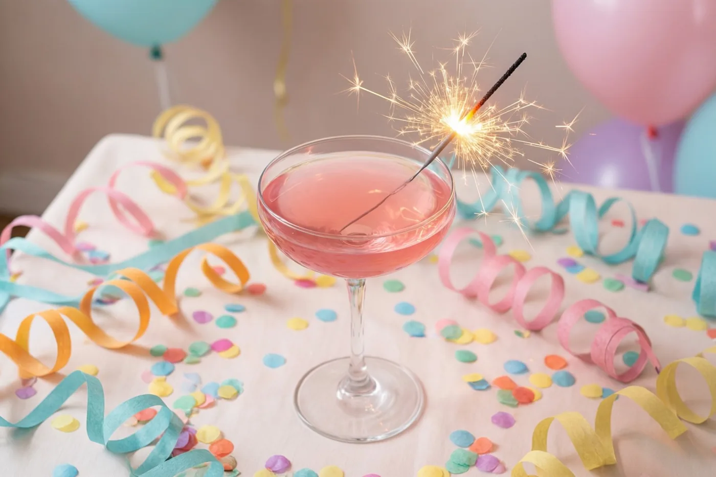 Een roze cocktail in een coupeglas met een brandend sterretje staat op een tafel met kleurrijke slingers en confetti, met pastelballonnen op de achtergrond.