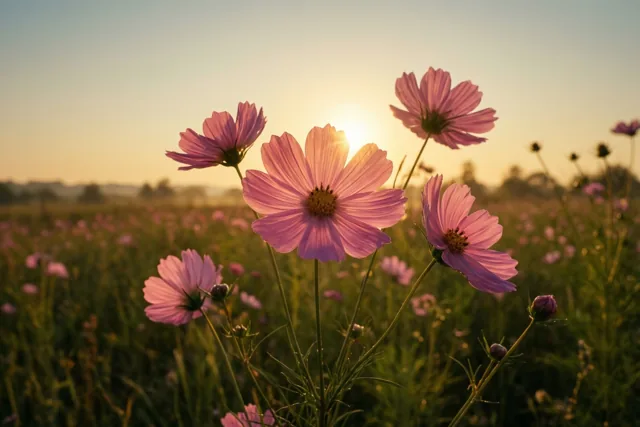 Roze cosmea wiegt in een weide met de opkomende zon achter de bloemen en warm goudroze licht rondom.