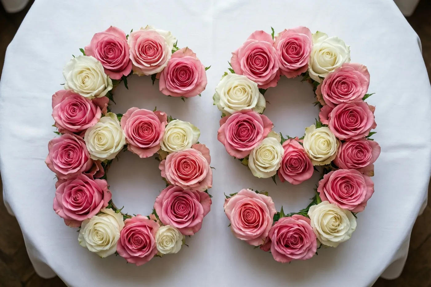 Roze en crèmewitte rozen vormen het getal 69 op een wit tafelkleed, gezien van recht bovenaf.