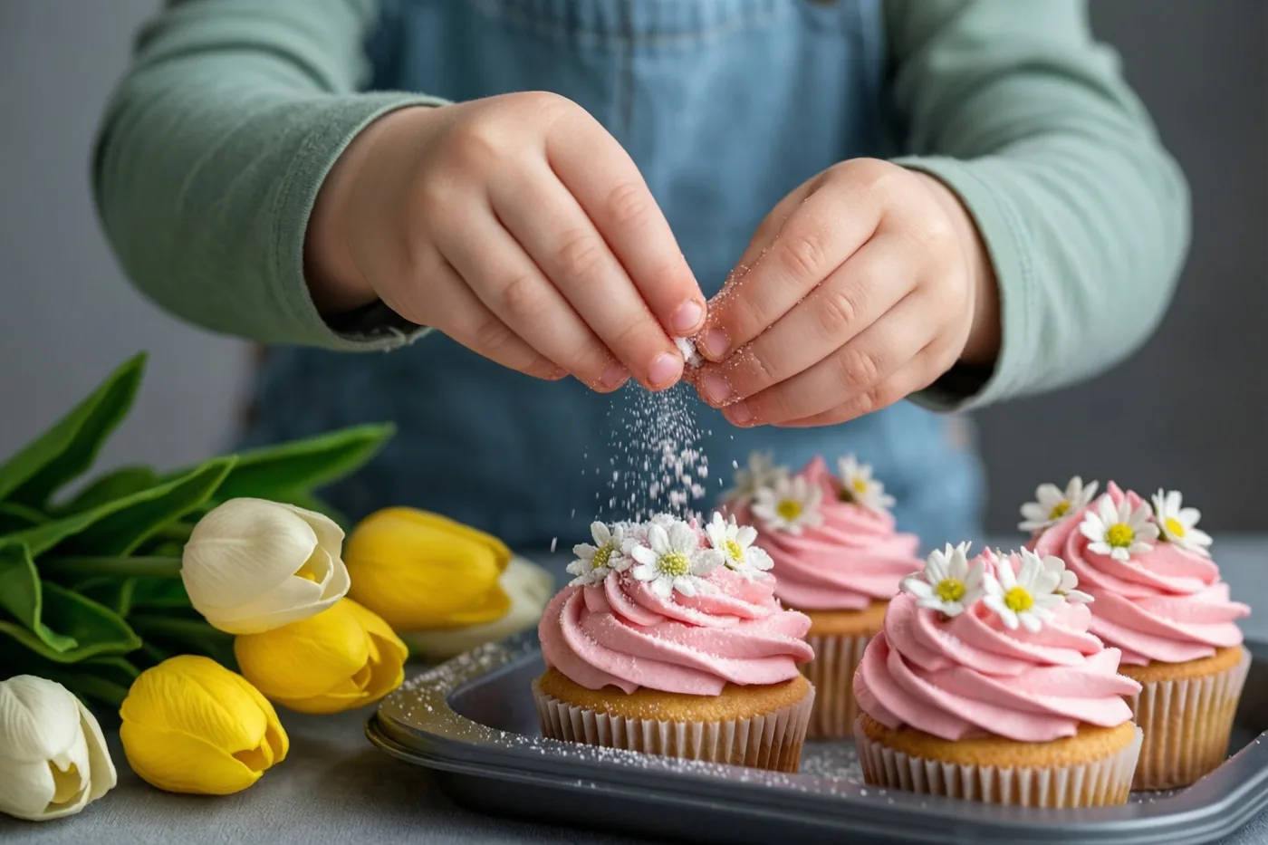 Kinderhanden strooien bloemsuiker over cupcakes met roze glazuur en witte bloemetjes, naast gele en witte tulpen op een grijze ondergrond.