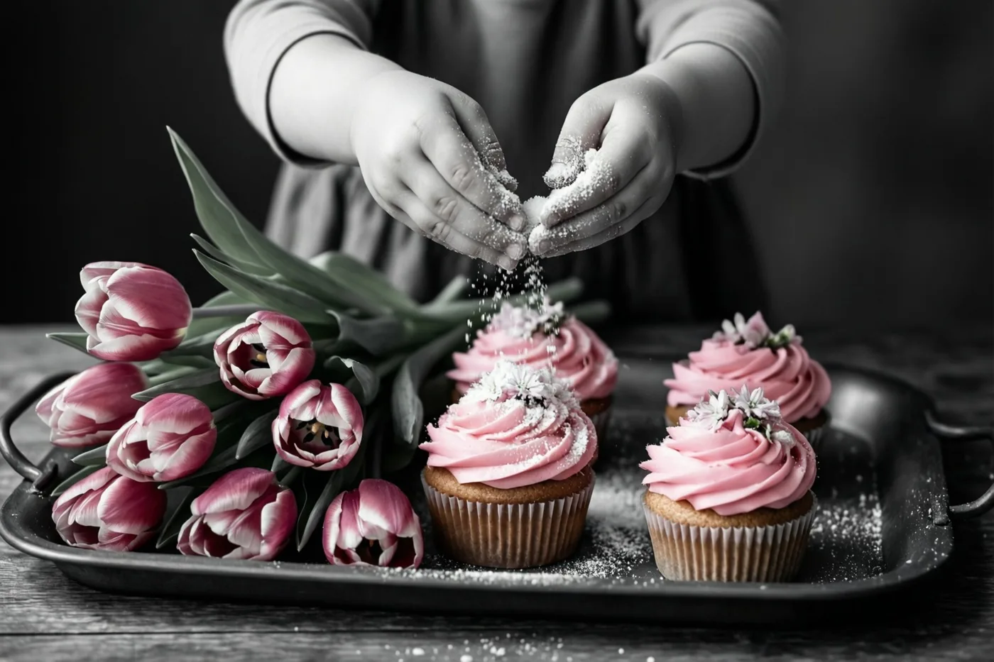 Kinderhanden strooien bloemsuiker over roze cupcakes op een donker dienblad naast roze en witte tulpen, met kleuraccenten tegen een zwart-witte achtergrond.