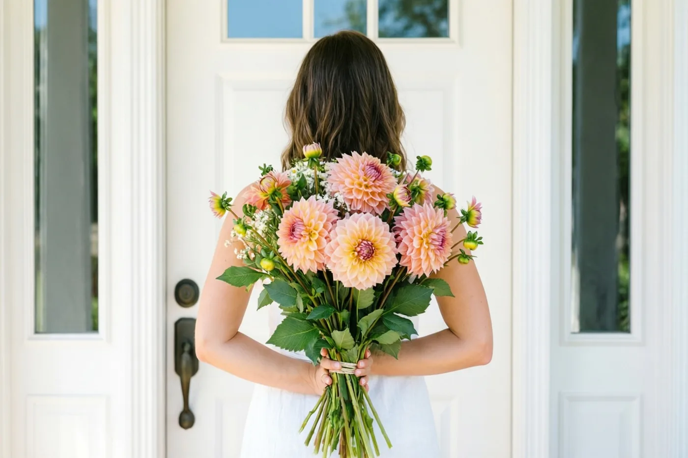 Een persoon met donker haar staat met de rug naar de camera voor een witte voordeur met glaspanelen en houdt in helder daglicht een groot boeket roze en perzikkleurige dahlia's achter de rug.