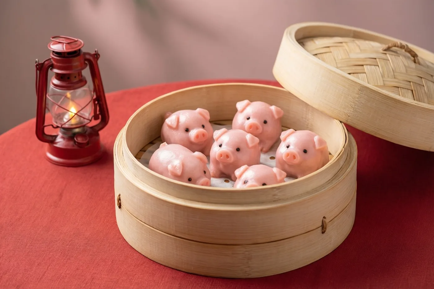 Een bamboe stoommand met kleine roze dumplings in de vorm van varkentjes staat op een rood tafelkleed naast een rood lantaarntje met een brandende lont.
