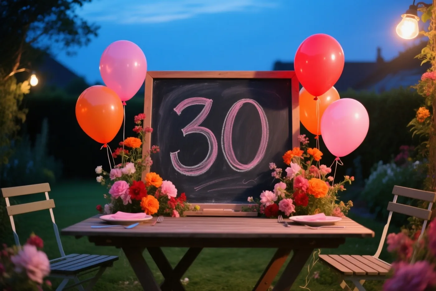 Een krijtbord met 30 in roze krijt staat bij schemering op een houten tuintafel tussen kleurrijke ballonnen, bloemstukken en warme lichtslingers.