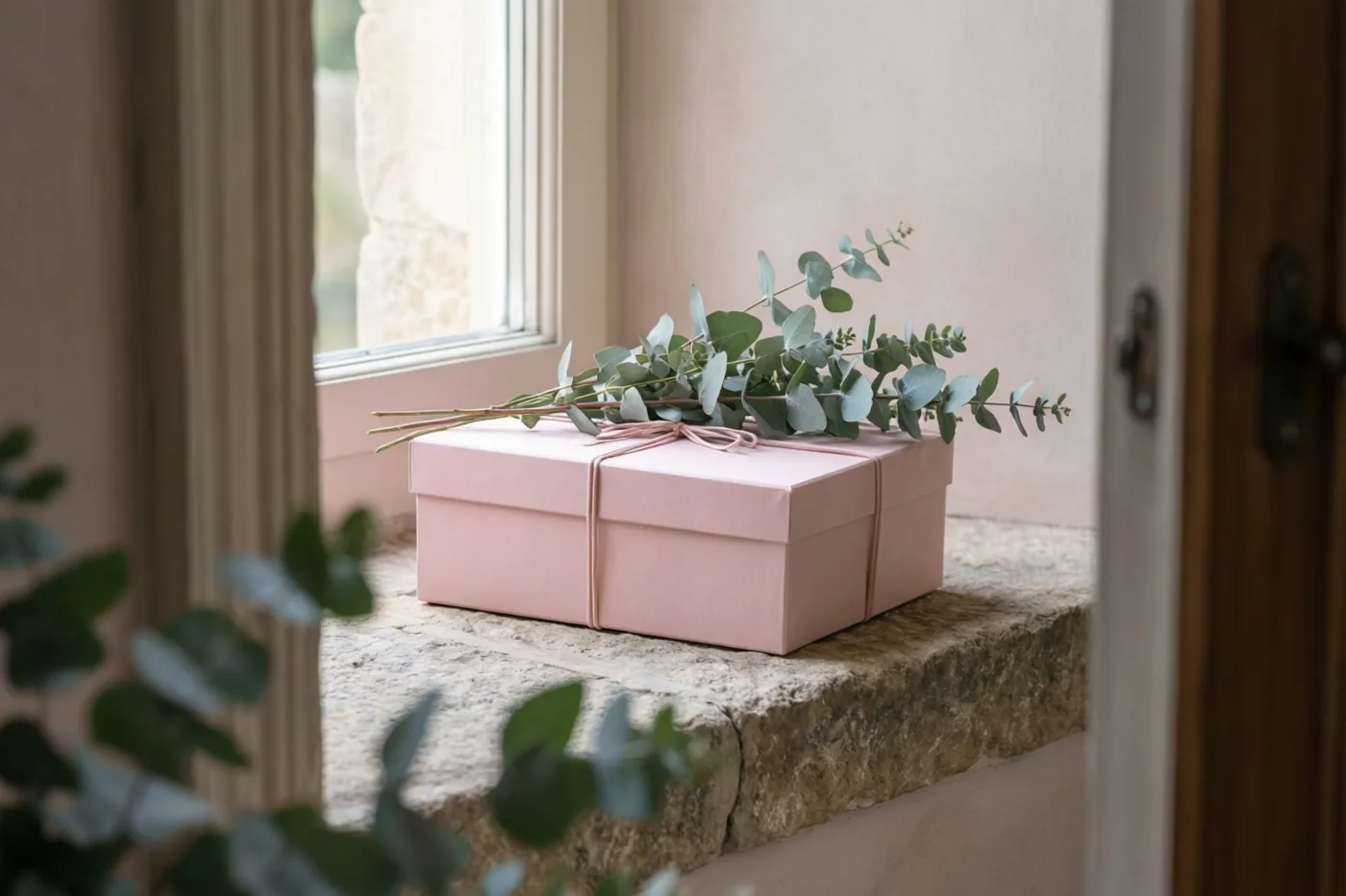 Een lichtroze geschenkdoos met een takje eucalyptus staat op een ruwe stenen vensterbank in zacht licht van het raam.
