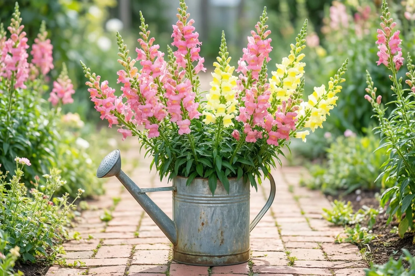 Hoge roze en gele leeuwenbekjes vullen een oude gedeukte blikken gieter op een bakstenen tuinpad, omringd door groen in zacht licht.
