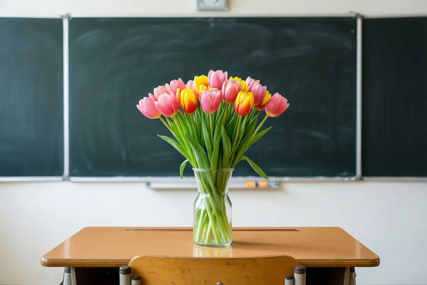 Roze en gele tulpen staan in een heldere glazen vaas op een houten schoolbank, met een groot schoolbord erachter.