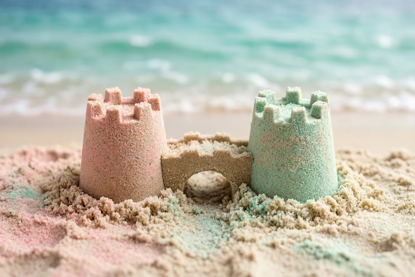 Een roze en een groen zandkasteel zijn op het strand verbonden door een kleine zandbrug, met een onscherpe turquoise zee en zachte golven erachter.