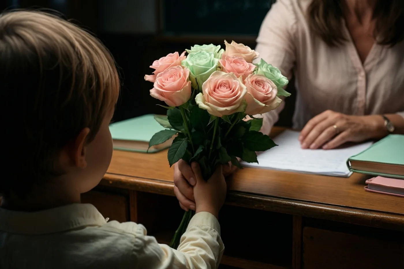 Een kind, van achteren gezien, reikt roze en mintgroene rozen aan een leerkracht achter een houten bureau in warm, zacht licht.