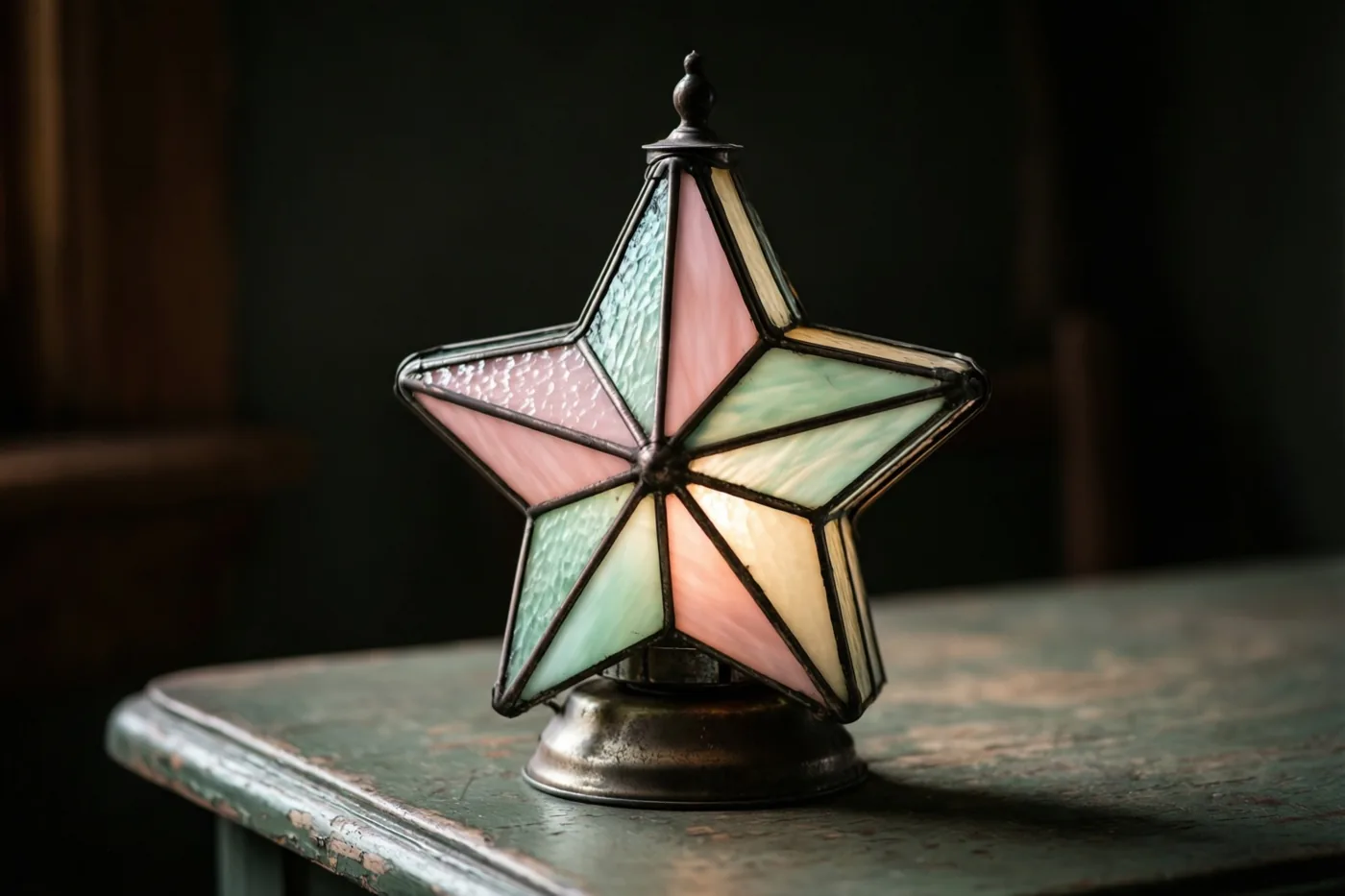 Een oude stervormige lantaarn met roze en mintgroene glas-in-loodpanelen staat op een verweerde groen geschilderde houten tafel tegen een donkere achtergrond.