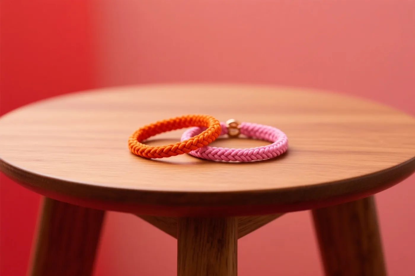 Een oranje en een roze gevlochten vriendschapsarmband liggen verstrengeld op een ronde houten tafel tegen een rode en roze achtergrond.