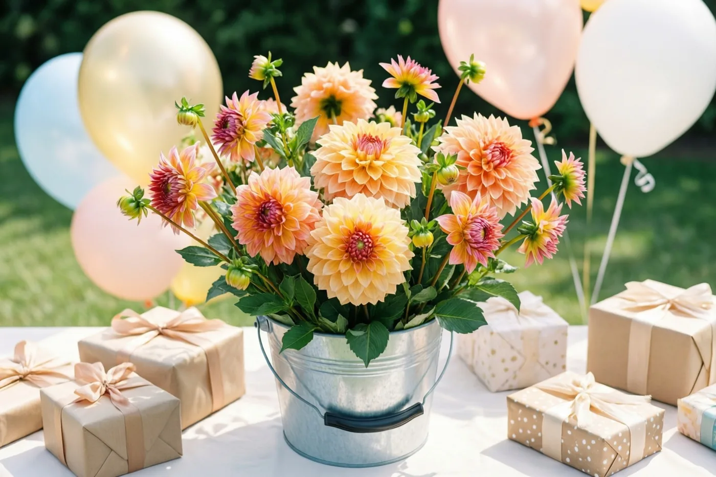 Een metalen emmer met perzikkleurige en roze dahlia's staat op een wit tafelkleed tussen ingepakte cadeaus en kleurrijke ballonnen in een zonnige buitenomgeving.