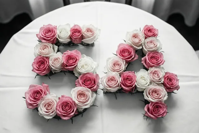 Roze en witte rozen vormen het getal 54 op een wit tafelkleed, van bovenaf gezien.