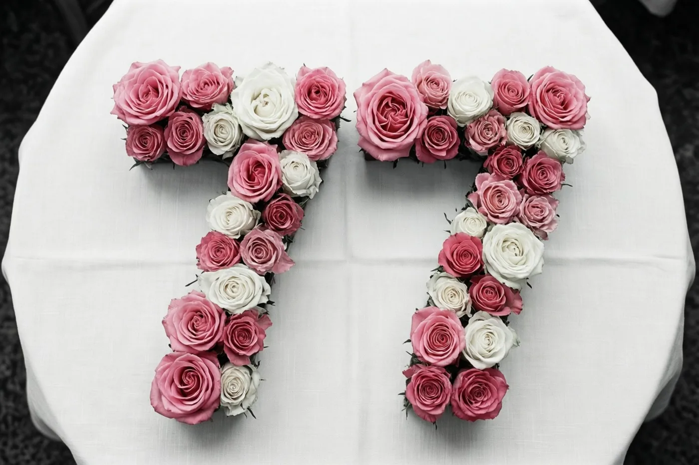 Roze en witte rozen vormen het getal 77 op een wit tafellaken, van bovenaf gezien.