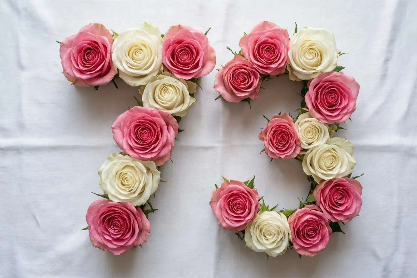 Het getal 73 is op een wit tafelkleed gevormd met roze en witte rozen en van bovenaf gefotografeerd.