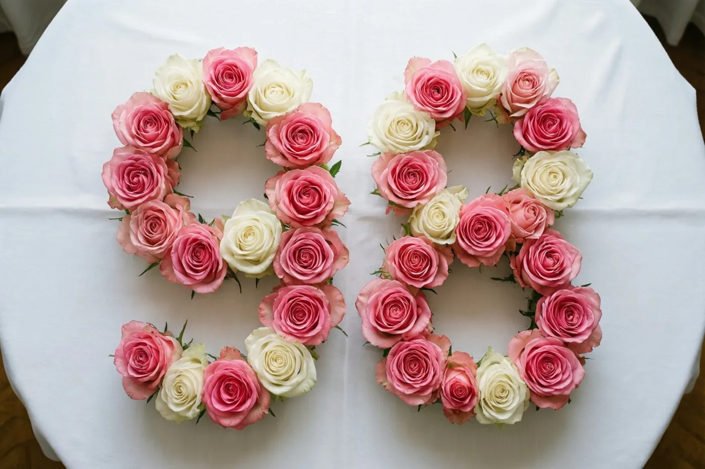 Roze en witte rozen vormen het getal 98 op een wit tafelkleed, recht van boven gefotografeerd.