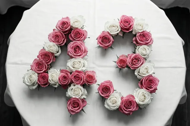 Het getal 43 van roze en witte rozen ligt centraal op een wit tafelkleed, van bovenaf gezien in zacht licht.