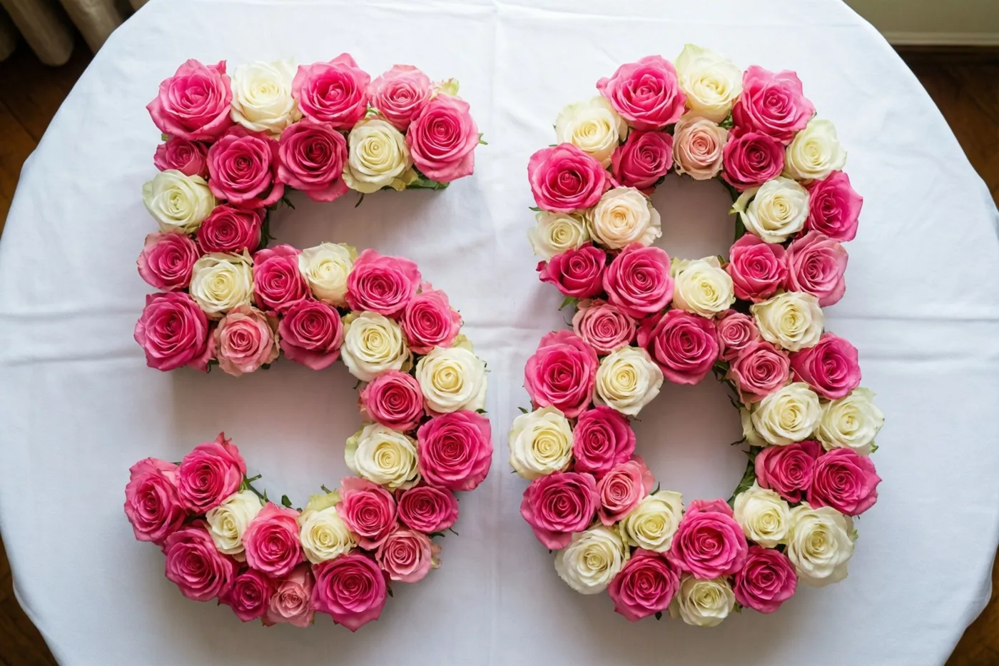 Roze en witte rozen vormen het getal 58 op een wit tafelkleed, van recht bovenaf gefotografeerd.