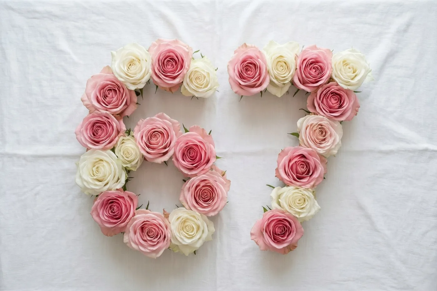 Roze en witte rozen liggen in de vorm van 67 op een wit tafellaken, van bovenaf gezien in zachte kleuren.