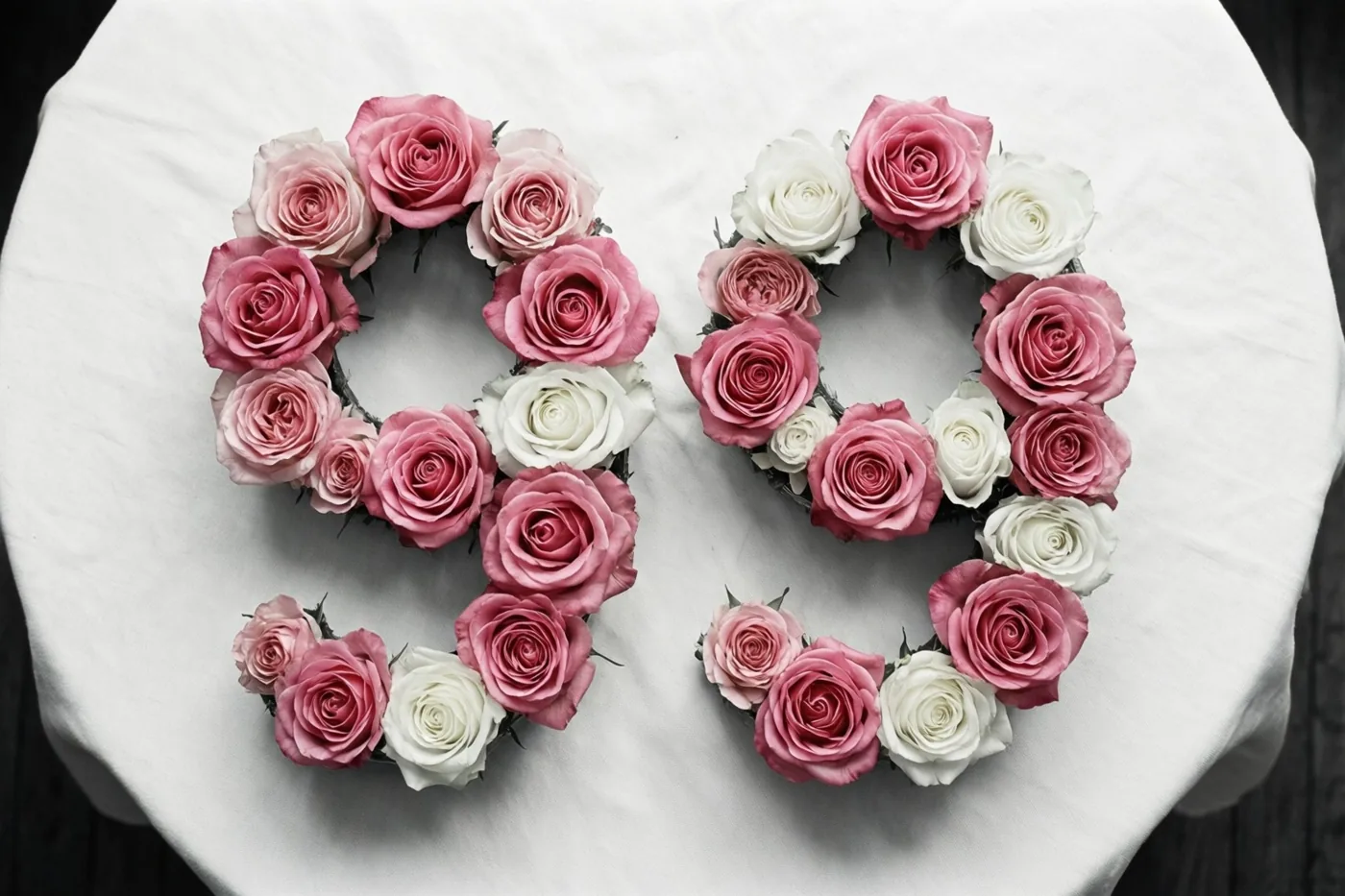 Roze en witte rozen vormen het getal 99 op een wit tafelkleed, recht van boven gefotografeerd in zacht licht.