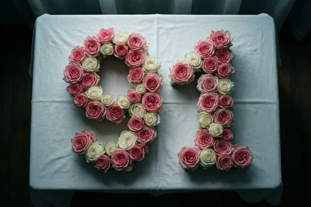 Roze en witte rozen vormen het getal 91 op een wit tafelkleed, van bovenaf gezien in zacht licht.