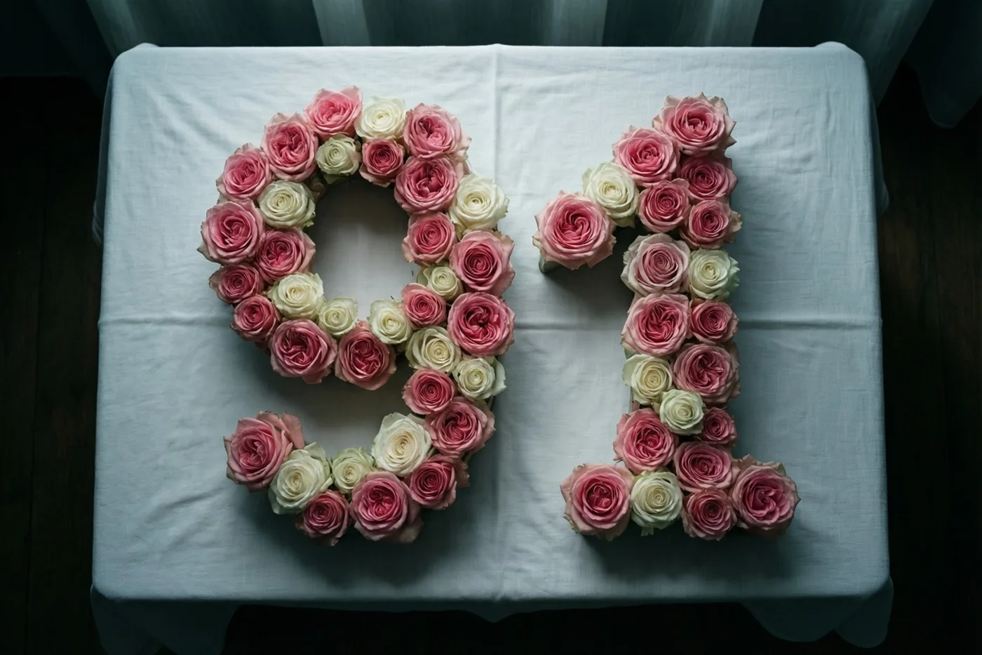 Roze en witte rozen vormen het getal 91 op een wit tafelkleed, van bovenaf gezien in zacht licht.