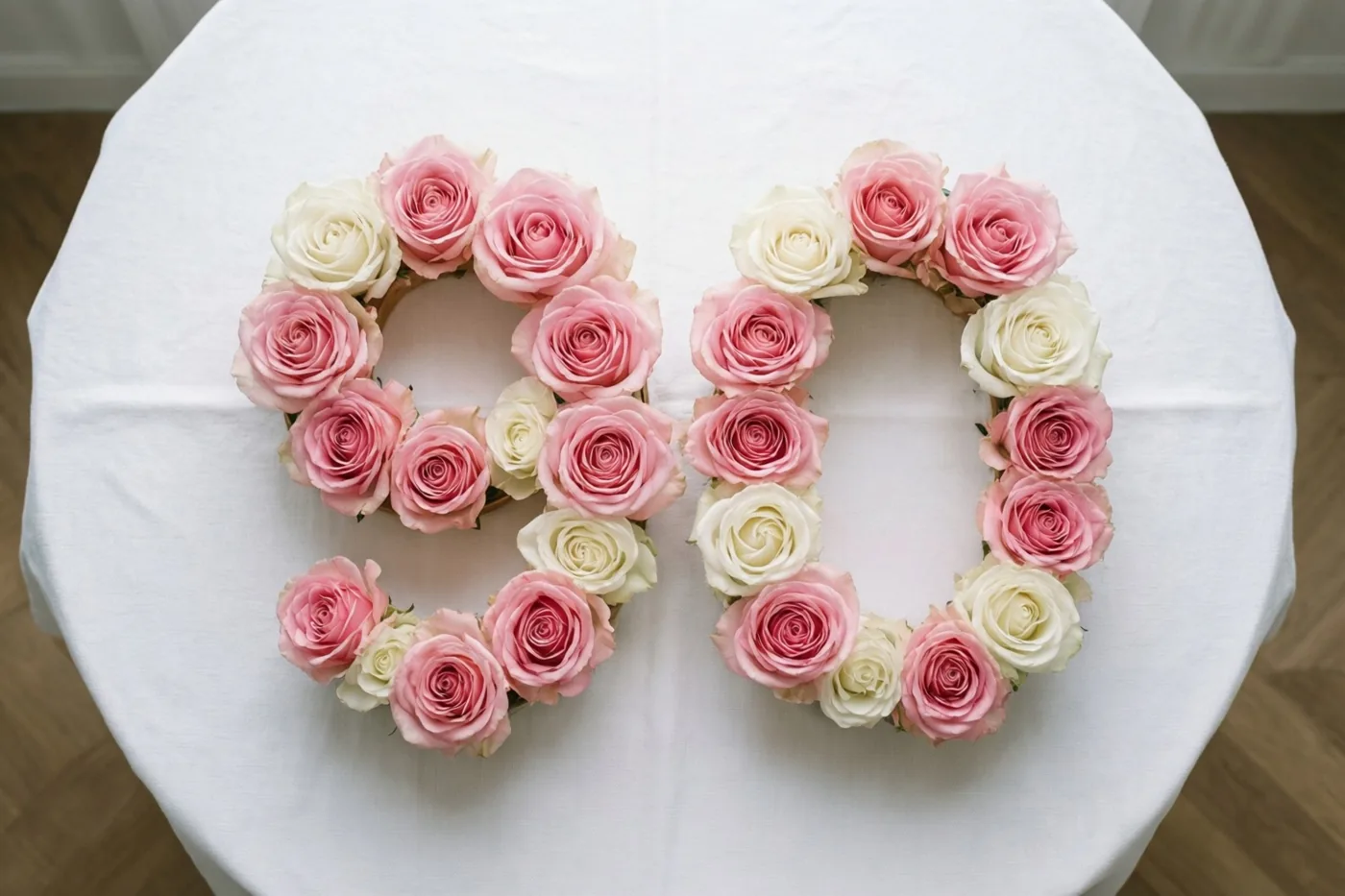 Roze en witte rozen vormen van bovenaf gezien 90 op een wit tafellaken in zachte pasteltinten.