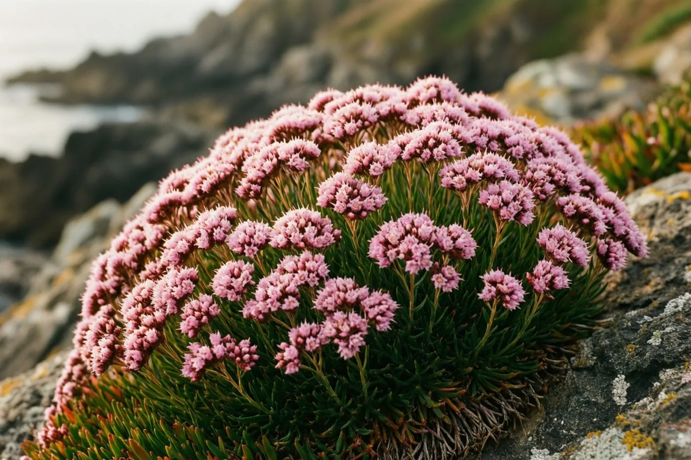Een dichte, ronde pol roze Engels gras bloeit op ruwe kustrotsen, met een onscherpe zee en kliffen op de achtergrond.