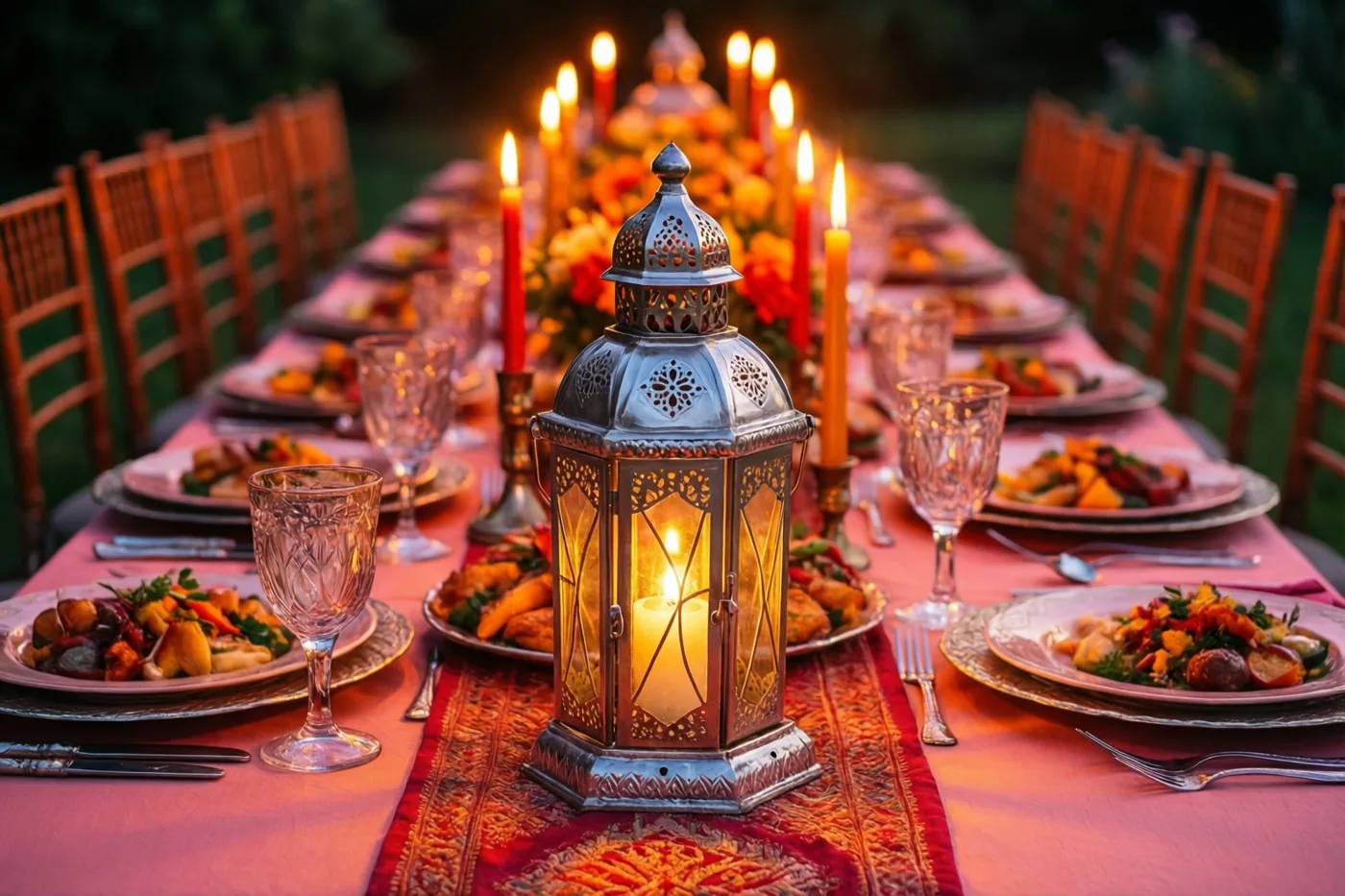Een lange buitentafel met een roze tafelkleed, borden eten, kristallen glazen en brandende kaarsen heeft een opengewerkte zilveren lantaarn op een tafelloper met patronen, met houten stoelen errond.
