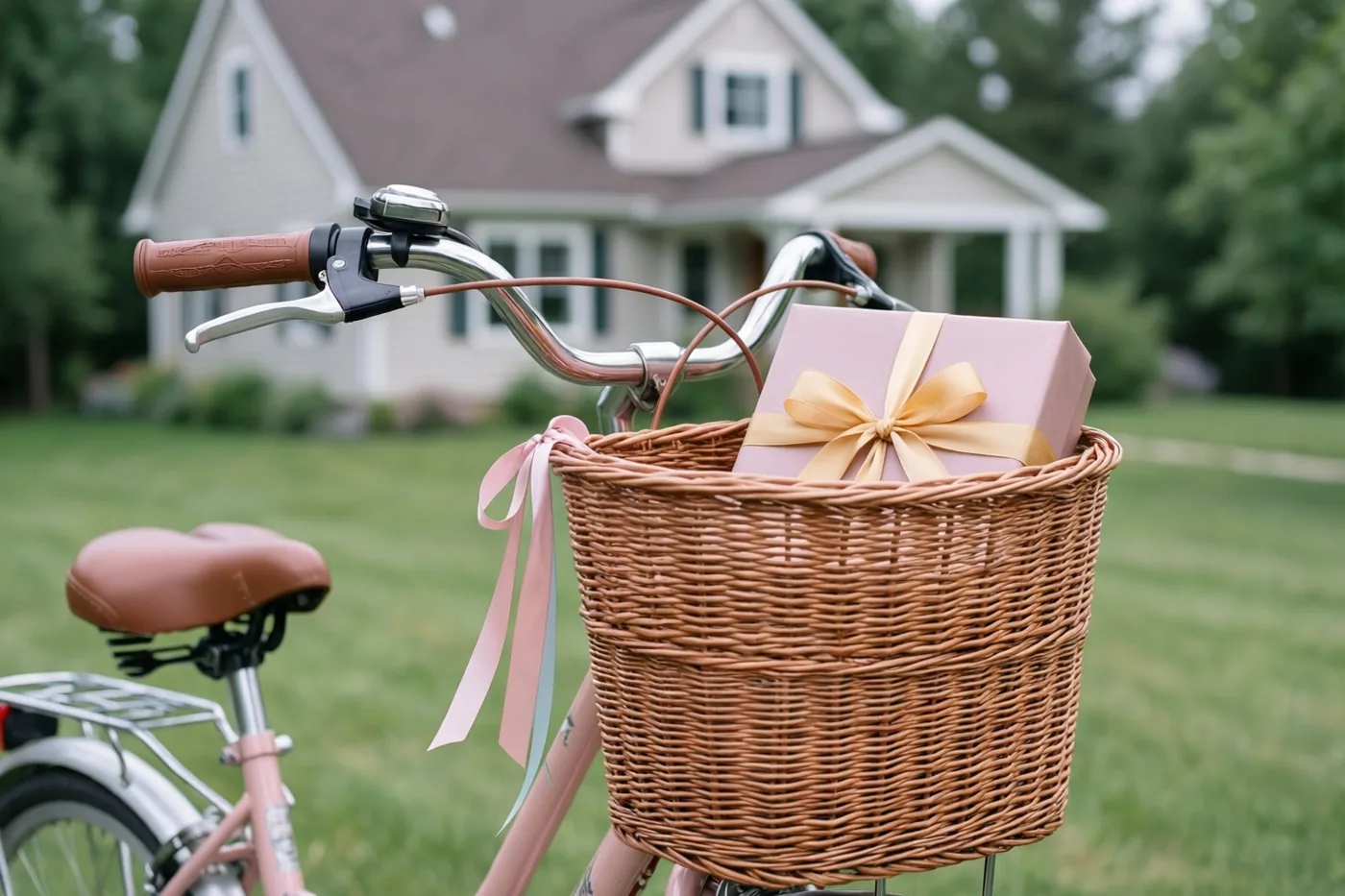 Een roze fiets met een geschenkdoos met een geel lint in een rieten mand staat op een gazon voor een huis, met bomen op de achtergrond.