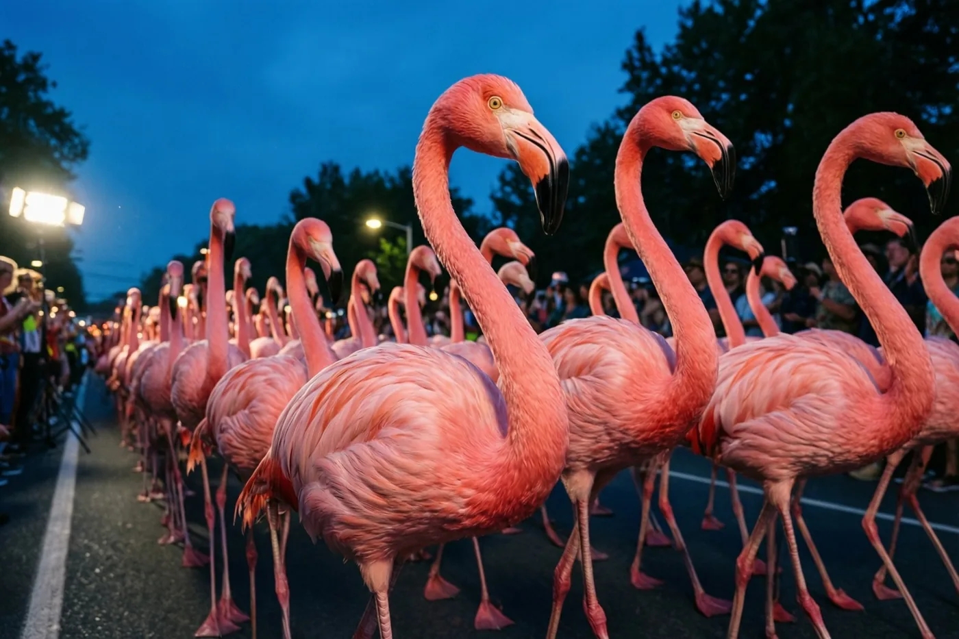 Een grote groep roze flamingo’s staat bij schemering in een rij op een asfaltweg, met toeschouwers langs de kant en kunstlicht onder een diepblauwe hemel.